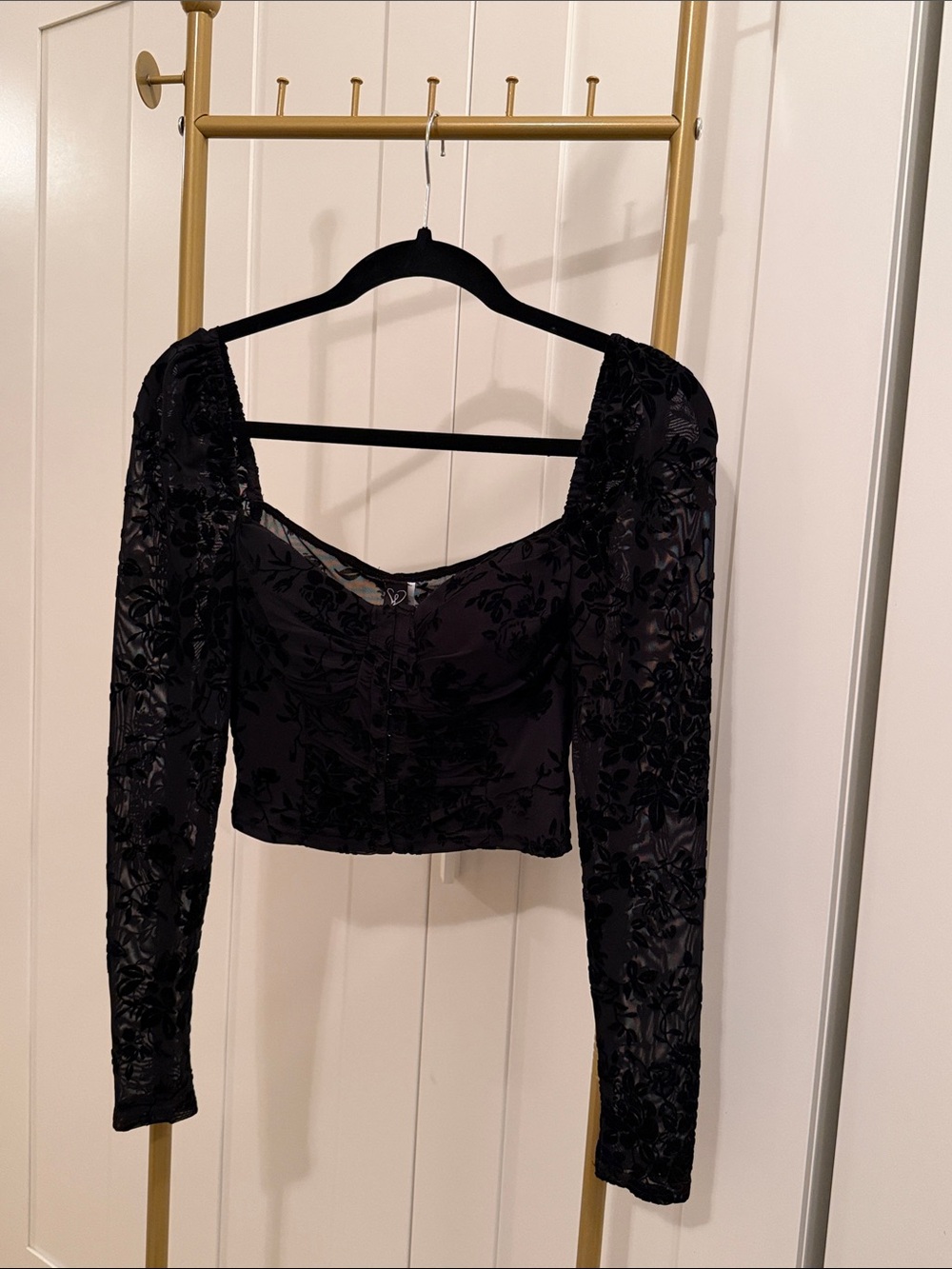 Black Embroidered Velvet Floral Lace Corset/Bustier Long-Sleeve Blouse l M l NWT